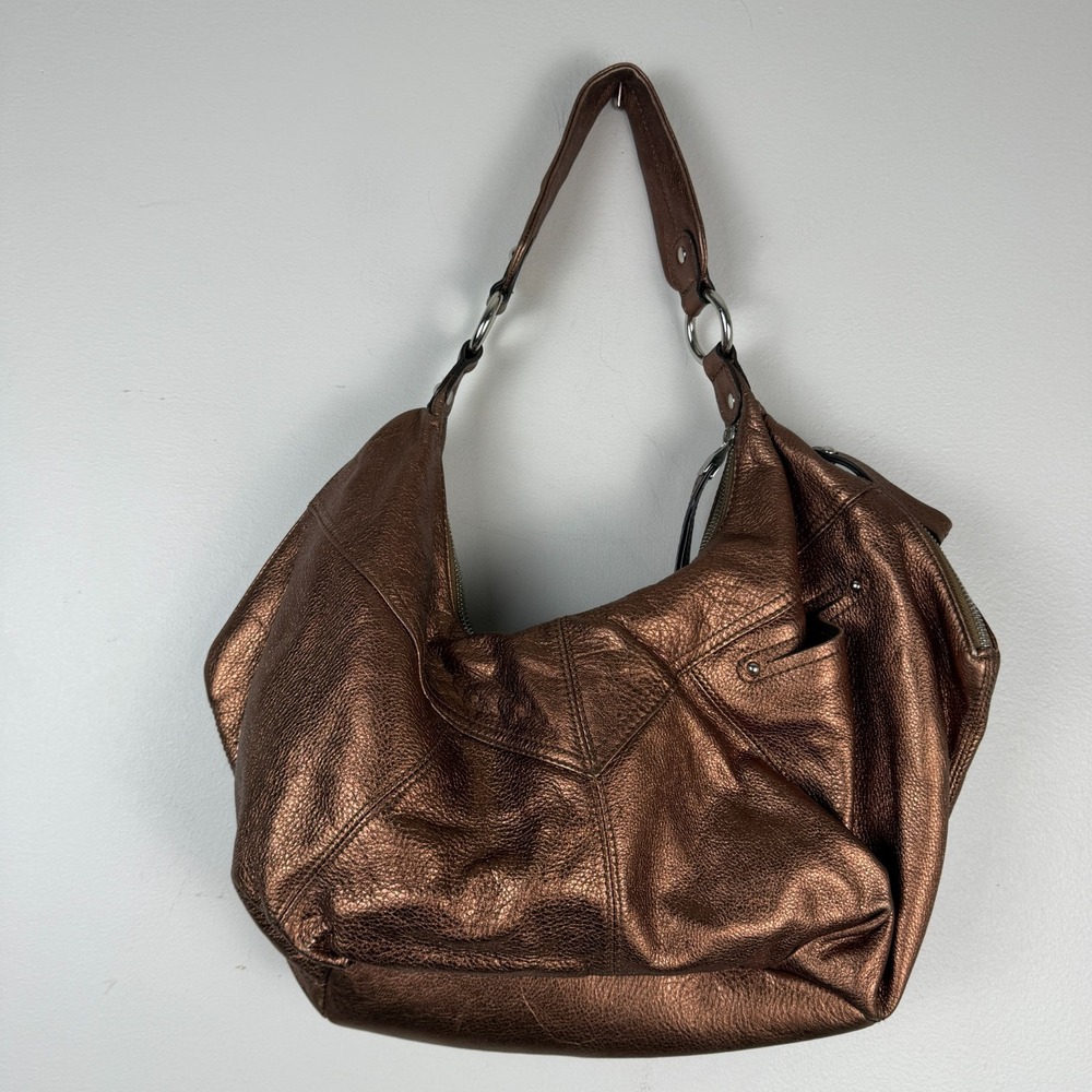 B. Makowsky Hobo Bag Women Metallic Bronze Leather Studded Fringe Shoulder Strap - Picture 2 of 16